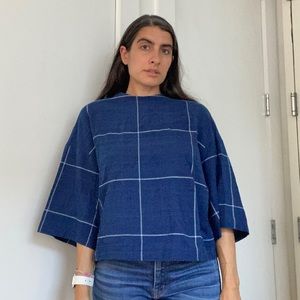 Umber & Ochre May Boxy Top Navy Blue Windowpane S